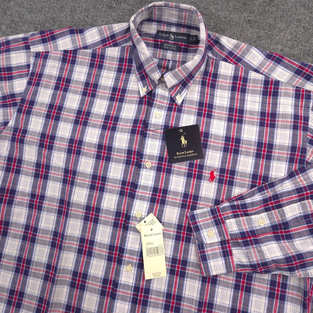 Vintage Ralph Lauren Bleeding Madras Bradfield Shirt Mens L Plaid Deadstock NEW